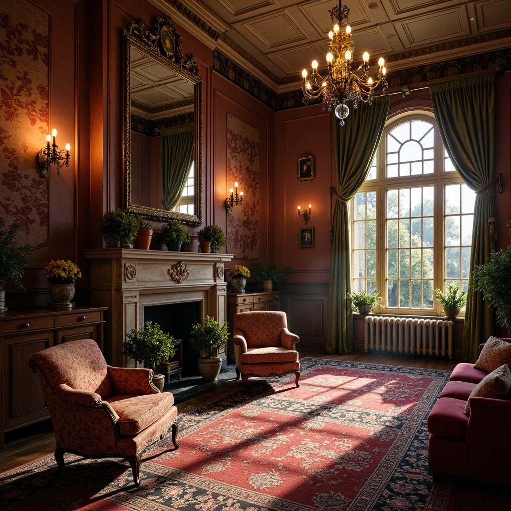 Prompt: Rich Victorian facade, ornate woodwork, intricate stonework, warm earthy tones, muted red brick, soft golden sandstone, creamy white trim, bold black accents, rich jewel-toned windows, lavish interior decor, opulent chandeliers, intricate patterned rugs, plush velvet furnishings, warm gas lighting, dramatic shading, 3/4 composition, cinematic view.