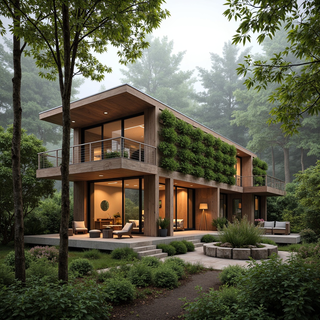 Prompt: Eco-friendly architecture, reclaimed wood accents, bamboo flooring, living green walls, natural stone facades, earthy color palette, organic shapes, minimal ornamentation, maximized natural light, passive solar design, rainwater harvesting systems, recycled glass features, FSC-certified timber, low-VOC paints, earthship-inspired structures, serene forest surroundings, misty morning atmosphere, soft warm lighting, shallow depth of field, 3/4 composition, panoramic view.