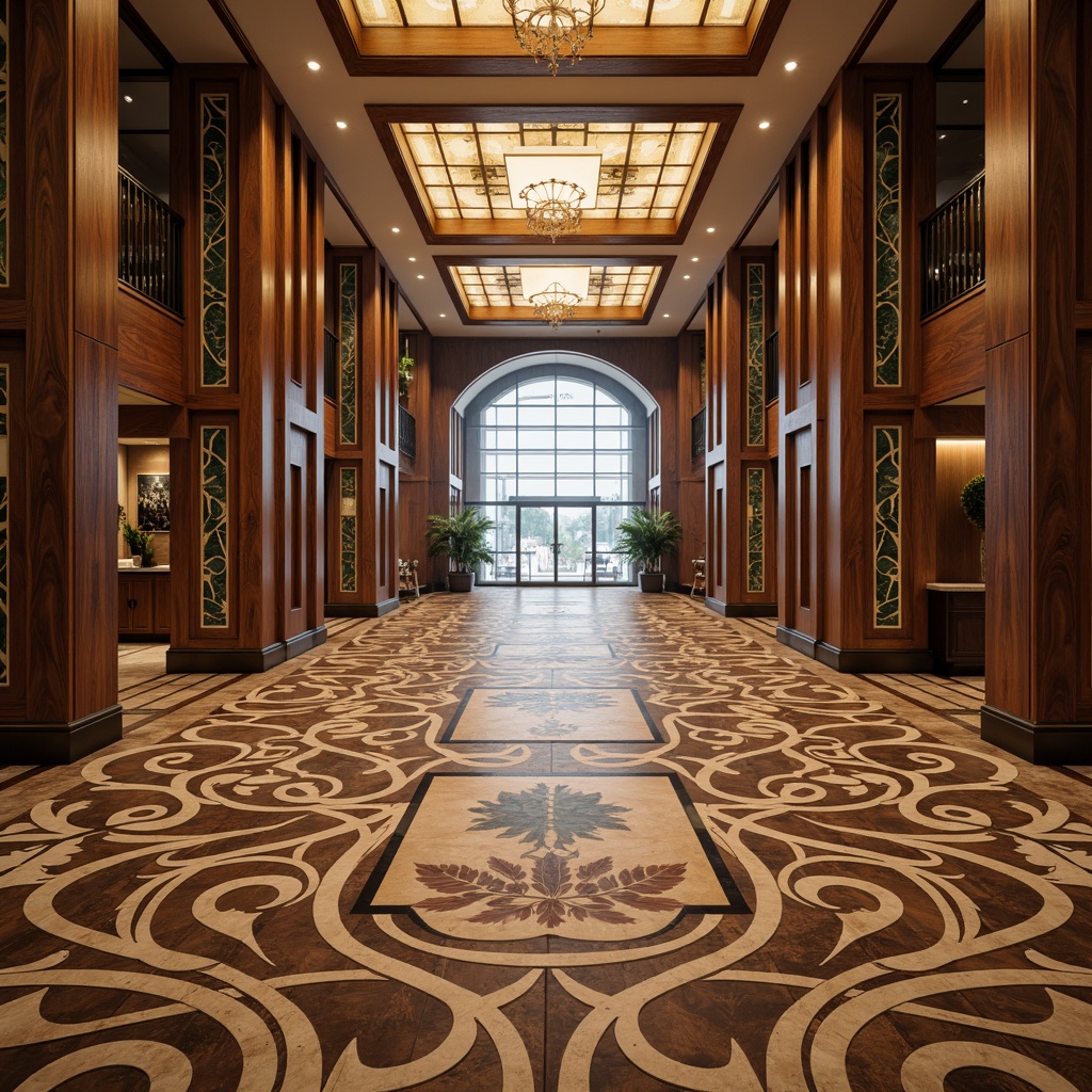 Prompt: Intricate Art Nouveau flooring, flowing organic patterns, sinuous lines, botanical motifs, luxurious materials, polished wood, rich walnut tones, inlaid marble, ornate metalwork, geometric tile arrangements, soft warm lighting, 3/4 composition, shallow depth of field, realistic textures, ambient occlusion.