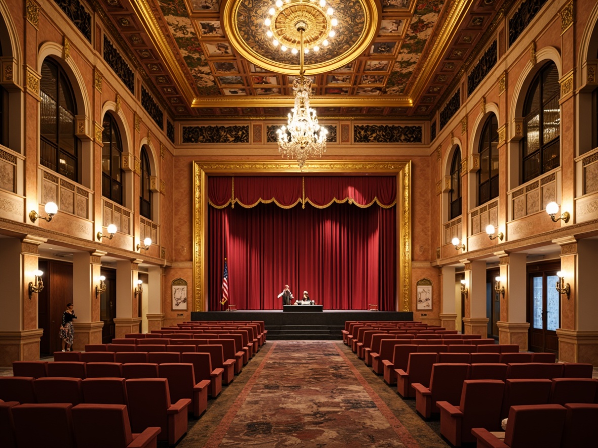 Prompt: Luxurious auditorium, Renaissance-inspired architecture, ornate gold accents, rich wood paneling, velvety red curtains, intricate carvings, grand chandeliers, frescoed ceiling, marble floors, decorative columns, ornamental moldings, warm beige walls, soft warm lighting, 1/1 composition, shallow depth of field, realistic textures.