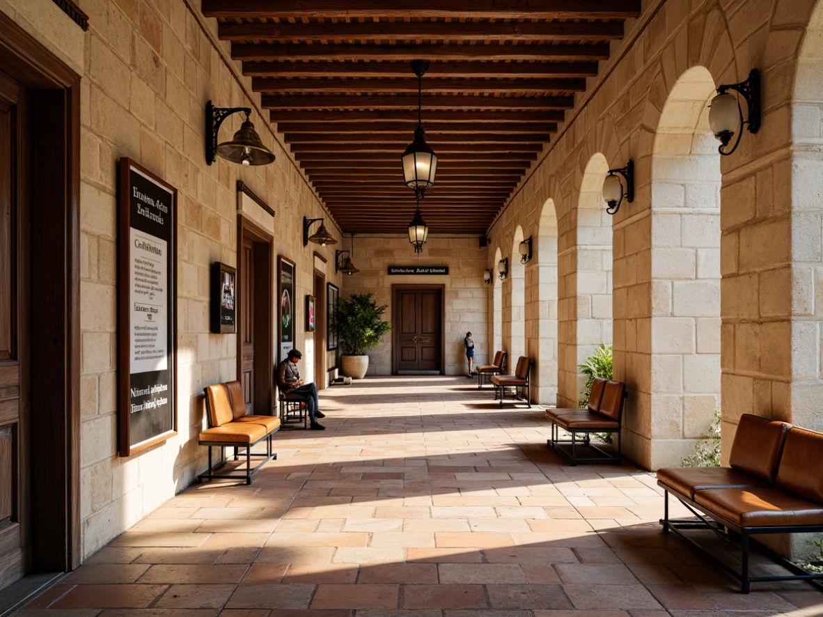 Prompt: Rustic metro station, distressed stone walls, earthy terracotta floors, vintage metal lanterns, ornate ironwork, soft warm lighting, creamy white archways, rich wood accents, elegant bronze fixtures, classic country-style signage, natural limestone columns, worn leather benches, subtle fragrance of freshly baked croissants, soft sunlight filtering through, shallow depth of field, 1/2 composition, realistic textures, ambient occlusion.