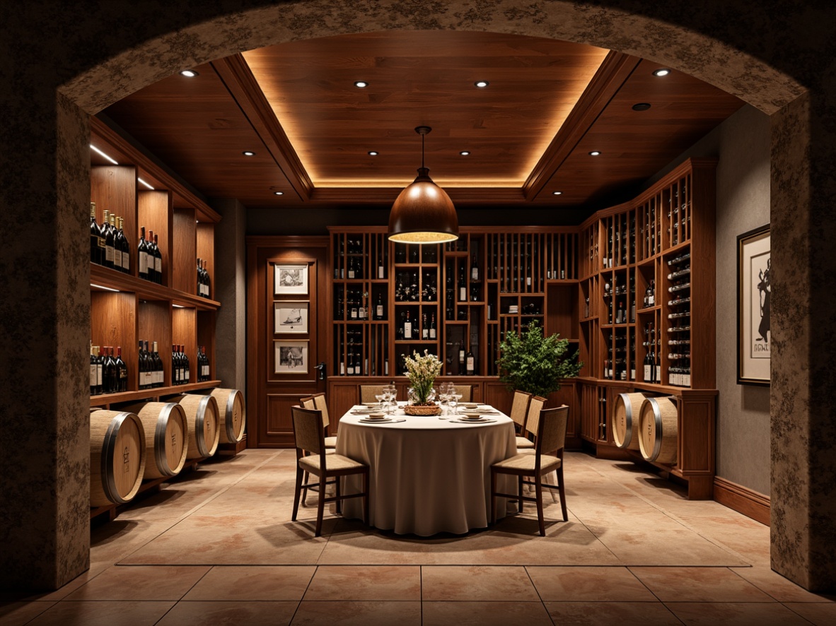 Prompt: Luxurious wine cellar, rich wood tones, dimmed lighting, stone walls, elegant archways, premium flooring options, dark-stained hardwood, polished concrete, natural stone tiles, terracotta floors, ambient temperature control, humidity regulation systems, recessed LED lighting, bespoke wooden racking, wine barrel displays, intimate seating areas, soft background music, sophisticated color palette.