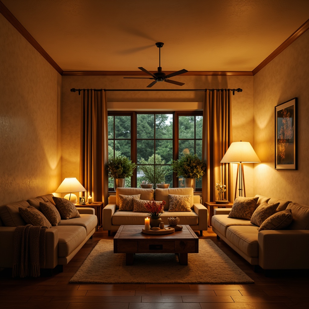 Prompt: Cozy living room, warm beige walls, plush sofas, rustic wooden coffee table, soft cushions, ambient floor lamps, warm yellow lighting, dimmable LED bulbs, modern pendant lights, minimalist ceiling fixtures, natural linen shades, industrial-chic metal accents, warm candlelight, relaxing atmosphere, intimate seating arrangement, 1/1 composition, soft focus, warm color temperature.