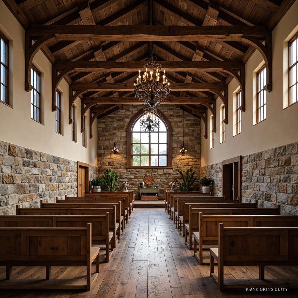 Prompt: Rustic church interior, open floor plan, wooden beams, stone walls, stained glass windows, grand chandelier, cozy nooks, comfortable pews, natural textures, earthy tones, warm lighting, soft shadows, serene atmosphere, minimalist decor, vintage accents, distressed wood, metal lanterns, candlelight, rustic charm, communal seating areas, flexible worship spaces, modern amenities, state-of-the-art sound systems, projection screens, subtle color palette, organic shapes, free-flowing layout, harmonious blend of old and new.