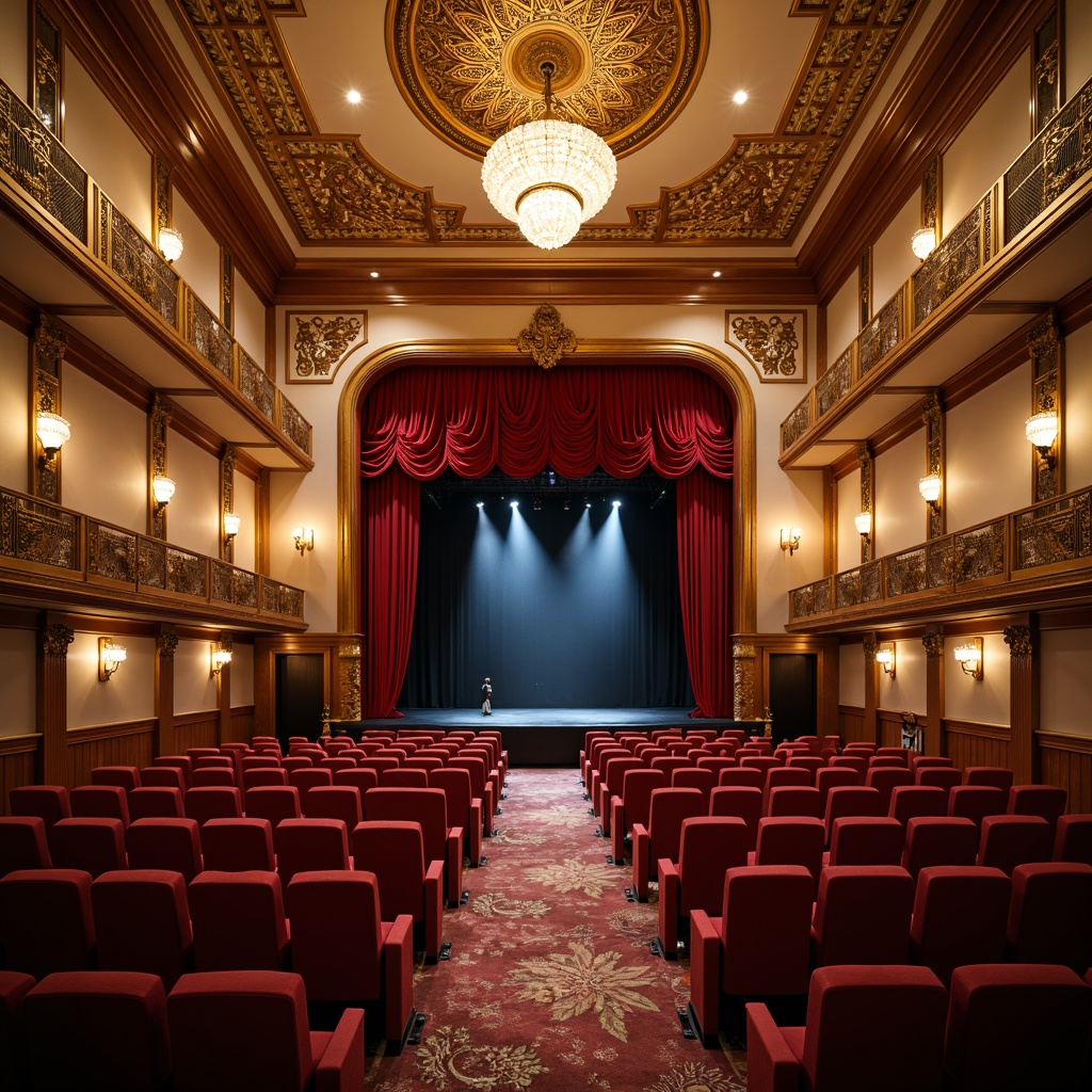 Prompt: Luxurious theater interior, sound-absorbing acoustic panels, rich wood tones, plush velvet seats, ornate golden details, crimson red curtains, dramatic stage lighting, softbox lights, spotlights, proscenium arch, premium fabric upholstery, intricate molding patterns, warm beige walls, dark hardwood floors, elegant chandeliers, subtle ambient glow, cinematic atmosphere, 1/2 composition, shallow depth of field, realistic textures.