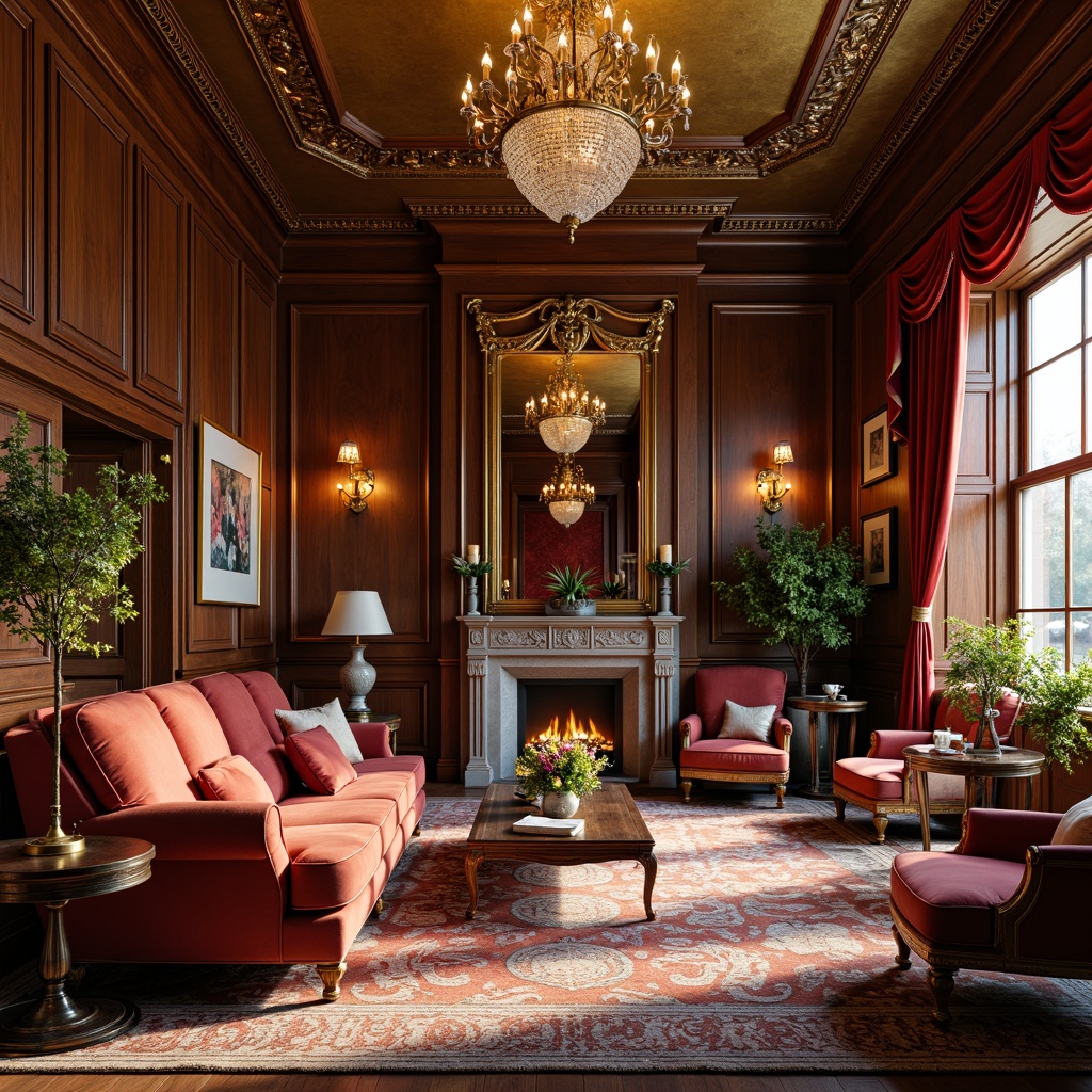 Prompt: Elegant mansion, ornate furnishings, rich wood tones, velvet upholstery, golden accents, crystal chandeliers, marble fireplaces, intricate moldings, luxurious fabrics, soft warm lighting, shallow depth of field, 1/2 composition, realistic textures, ambient occlusion, refined classicism style, sophisticated color palette, timeless beauty, opulent decor.