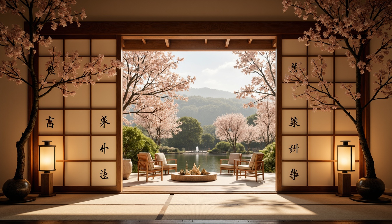 Prompt: Traditional Japanese sliding doors, natural wood accents, warm paper lanterns, minimalist furniture, delicate cherry blossom branches, subtle kanji calligraphy, soft rice paper textures, gentle silk fabrics, intricately carved wooden panels, serene Buddha statues, peaceful water feature sounds, warm golden lighting, shallow depth of field, 1/2 composition, harmonious color palette, elegant Asian-inspired patterns.