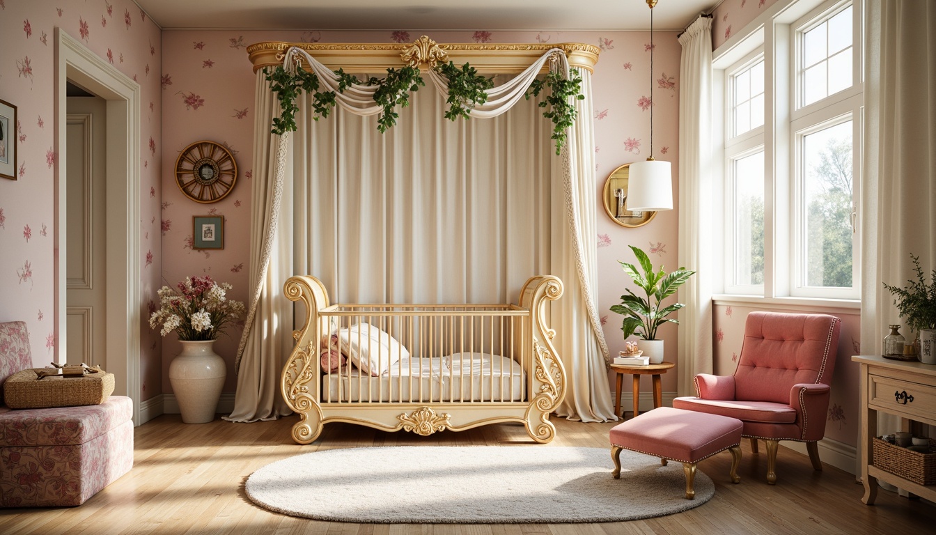 Prompt: Whimsical baby room, ornate wooden crib, curved lines, floral patterns, soft pastel colors, velvet upholstery, intricate carvings, sinuous shapes, flowing tendrils, organic forms, luxurious fabrics, antique hardware, distressed finishes, vintage accents, natural light, warm atmosphere, shallow depth of field, 1/1 composition, realistic textures, ambient occlusion.