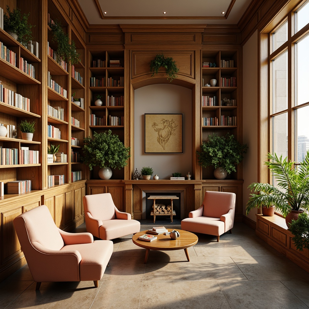 Prompt: Cozy library atmosphere, warm beige walls, rich walnut wood shelving, plush velvet armchairs, vintage book collections, soft golden lighting, comfortable reading nooks, natural stone flooring, earthy tone accents, calming greenery, floor-to-ceiling windows, gentle morning sunlight, serene ambiance, harmonious color scheme, soothing pastel hues, muted brown tones, creamy whites, elegant typography, classic architectural details.