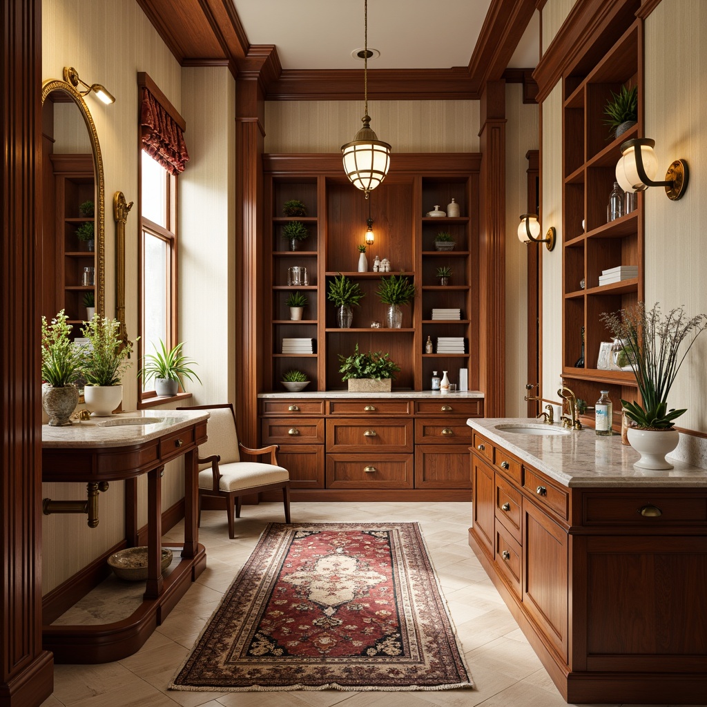 Prompt: Rich mahogany wood accents, ornate gold fixtures, soft cream walls, warm beige flooring, elegant velvet drapes, antique brass hardware, vintage apothecary cabinets, distressed leather upholstery, intricate patterned rugs, luxurious marble countertops, warm golden lighting, shallow depth of field, 1/2 composition, realistic textures, ambient occlusion.