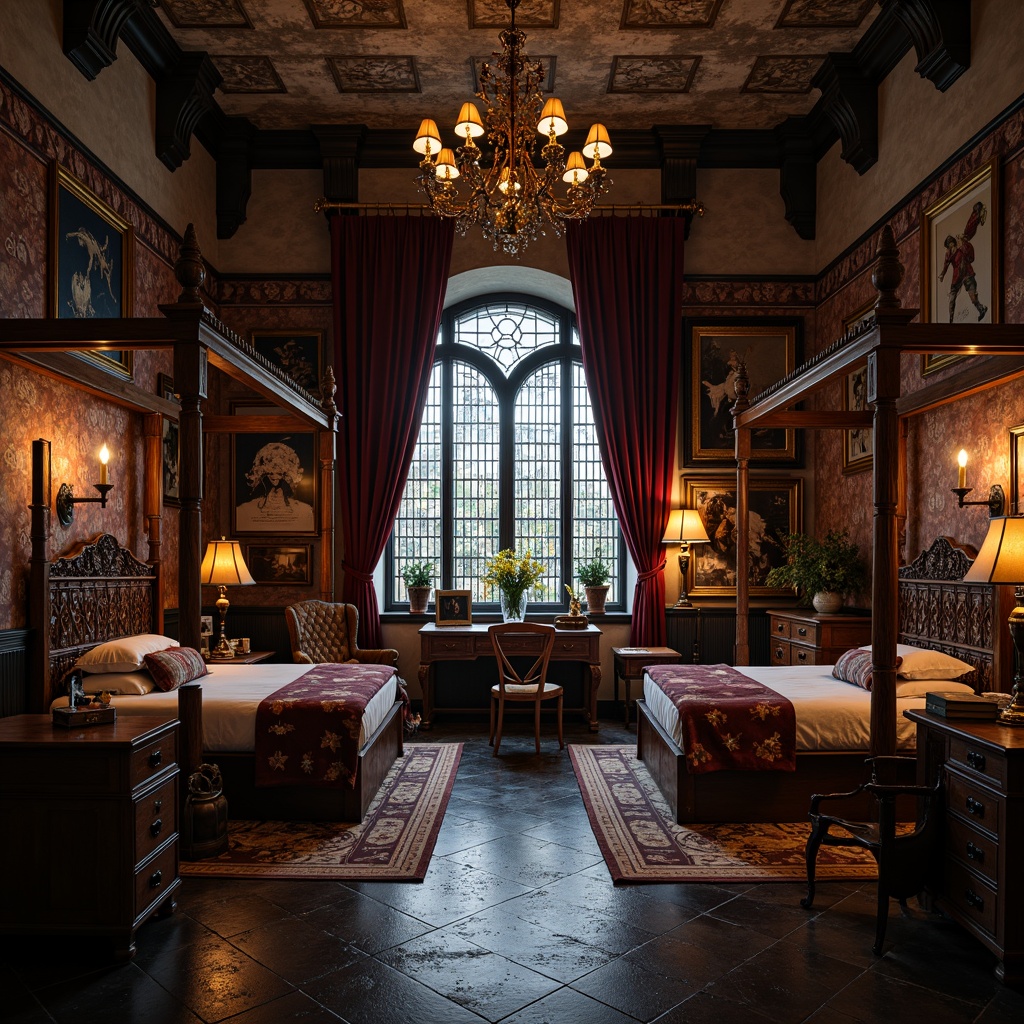 Prompt: Dark academia-inspired dorm room, ornate Gothic furnishings, rich velvet drapes, mysterious lantern lighting, ancient tomes, cryptic symbols, mystical artifacts, lavish wooden desks, intricately carved chairs, imposing four-poster beds, grandiose tapestries, mystical stained glass windows, eerie candlelight, dramatic shadows, bold archways, heavy stone walls, medieval-inspired decor, luxurious fabrics, brooding atmosphere, warm golden lighting, 1/2 composition, dramatic depth of field, realistic textures.