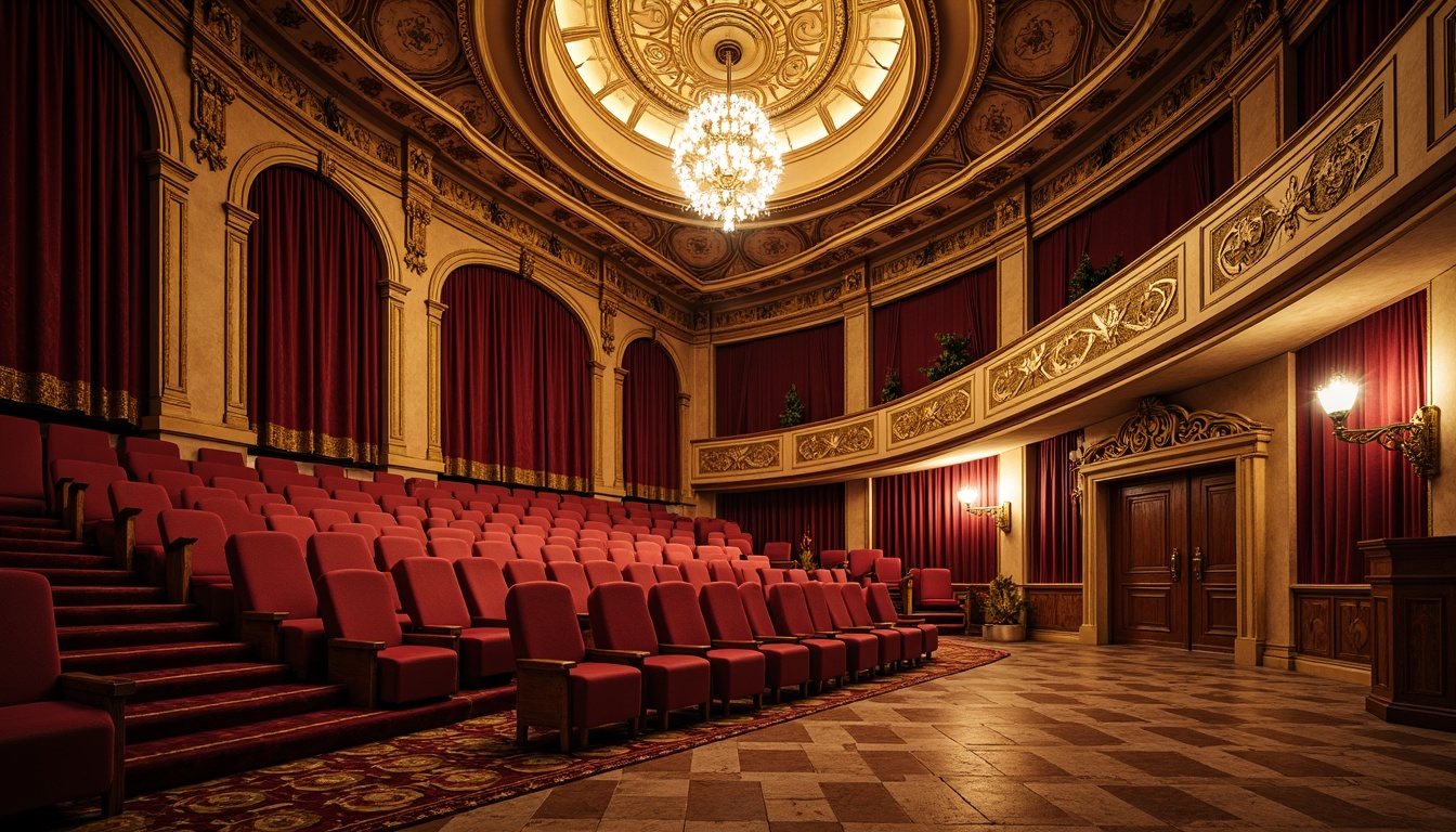 Prompt: Ornate auditorium, renaissance style, grand chandelier, red velvet curtains, golden accents, intricate moldings, ornamental plasterwork, richly patterned carpets, polished marble floors, decorative wainscoting, luxurious fabric upholstery, stately columns, majestic archways, warm ambient lighting, soft focus blur, 1/2 composition, symmetrical framing, realistic textures, subtle specularity.