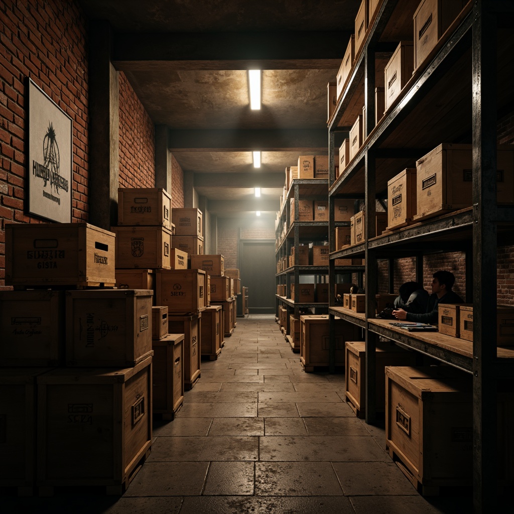 Prompt: Dramatic storage room, bold industrial architecture, exposed brick walls, metallic shelving units, eerie dim lighting, warm golden tones, flickering fluorescent lights, heavy shadows, mysterious ambiance, cinematic atmosphere, low-key lighting, 45-degree angle shots, Dutch angle compositions, high contrast ratios, moody color grading, rustic wooden crates, distressed metal accents, vintage industrial props, atmospheric fog effects.