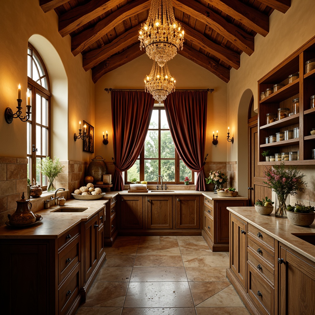 Prompt: Renaissance-style pantry, warm golden lighting, soft candle glow, elegant crystal chandeliers, rustic wooden beams, ornate metal fixtures, rich velvet drapes, lavish marble countertops, antique bronze hardware, refined glass pendant lights, subtle wall sconces, dramatic ceiling coves, natural stone flooring, vintage apothecary jars, distressed wood shelving, warm beige walls, inviting atmosphere, 1/2 composition, soft focus, warm color palette.