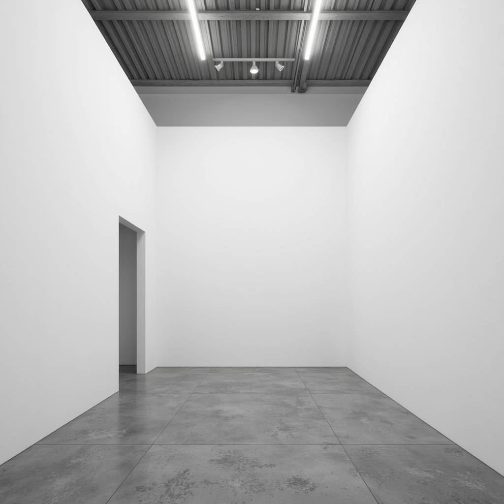 Prompt: Monochromatic gallery space, minimalistic aesthetic, soft white walls, polished concrete floors, subtle LED lighting, clean lines, geometric shapes, neutral color palette, muted tones, matte finishes, sparse decor, elegant simplicity, calm atmosphere, soft focus, shallow depth of field, 1/1 composition, realistic textures, ambient occlusion.