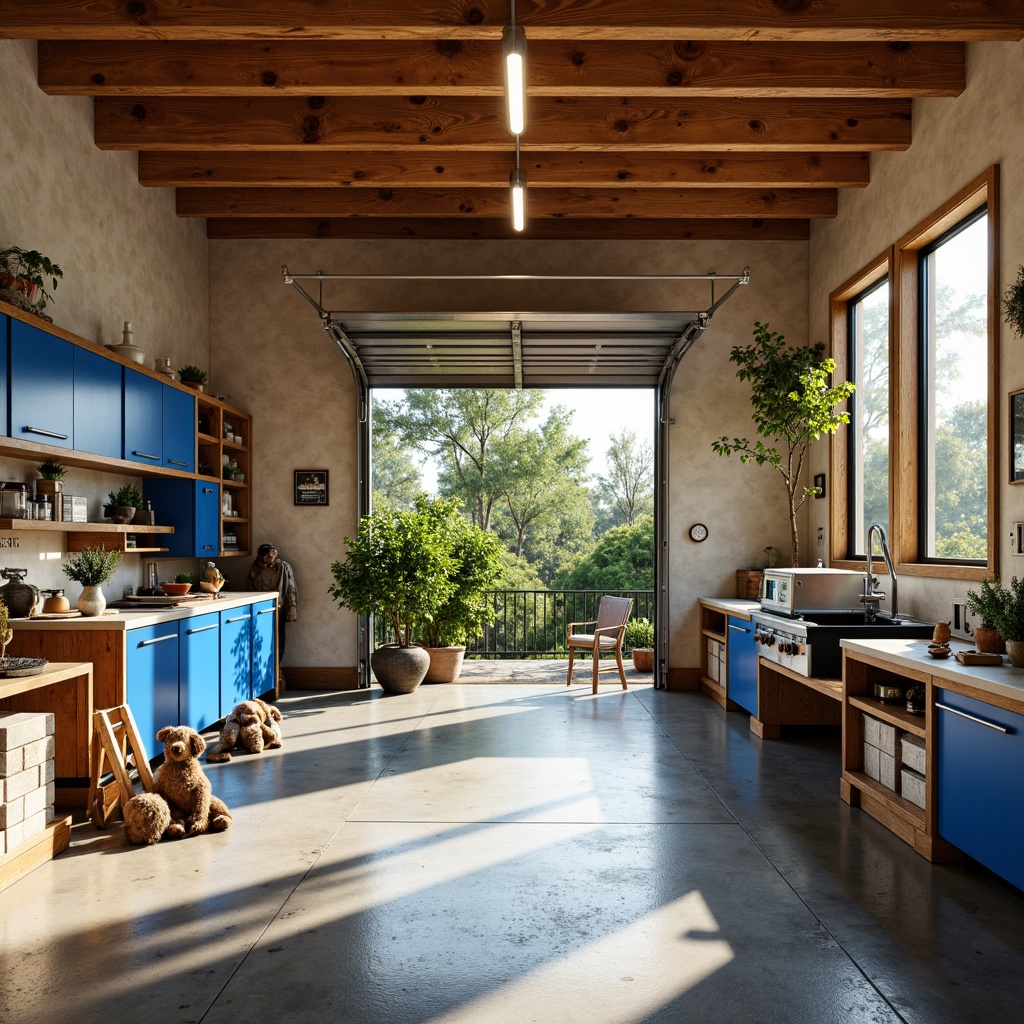 Prompt: \Vibrant family garage, warm beige walls, rich wood accents, bold blue cabinets, metallic silver tools, rustic industrial lighting, epoxy resin flooring, textured concrete blocks, natural stone workbenches, earthy greenery, sunny day, soft diffused lighting, 1/1 composition, realistic textures, ambient occlusion.\