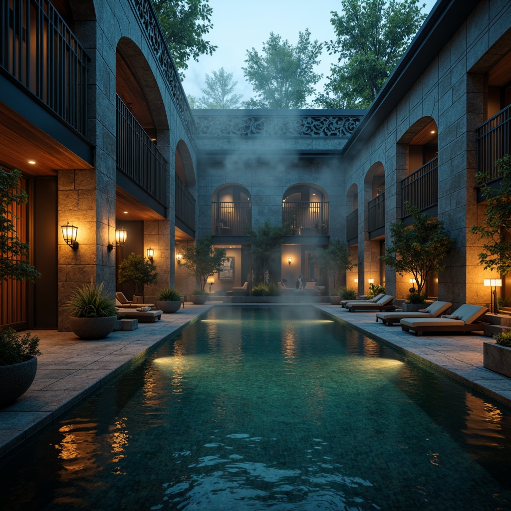 Prompt: Mysterious swimming pool area, dark stone walls, eerie lanterns, twisted metal railings, grandiose archways, ornate wooden accents, luxurious velvet loungers, mystical fog effects, warm golden lighting, shallow water reflections, rippled water surface, 1/2 composition, atmospheric mist, mysterious shadows, intricate stonework patterns, lavish greenery, ancient tree silhouettes, nighttime ambiance.