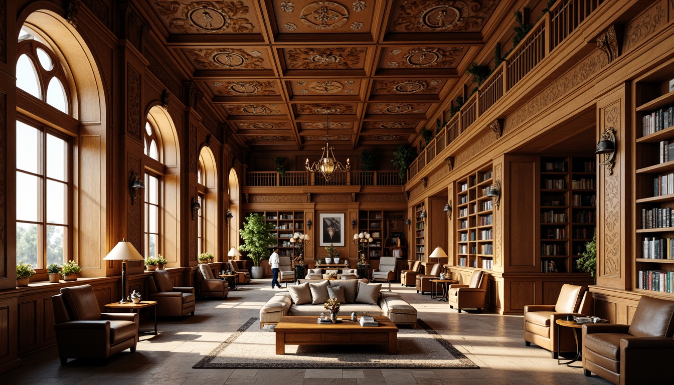 Prompt: Richly ornate library, traditional architectural style, warm wooden shelving units, intricately carved wooden accents, grand reading rooms, comfortable leather armchairs, floor lamps, classic novels, vintage book collections, soft golden lighting, cozy atmosphere, luxurious fabrics, subtle wood grain textures, ornate metal fixtures, elegant crown molding, tall ceilings, large windows, natural stone floors, rustic wooden tables, antique globes, vintage clocks, warm beige colors, soft focus blur, 1/2 composition, realistic ambient occlusion.