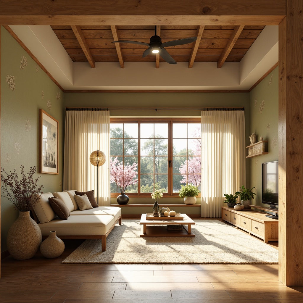 Prompt: Serene Asian-style living room, natural wood accents, warm beige tones, soft sage green walls, subtle cherry blossom patterns, traditional Japanese sliding doors, minimalist decor, low-seating furniture, woven bamboo textiles, earthy terracotta vases, delicate paper lanterns, gentle diffused lighting, warm afternoon sunbeams, shallow depth of field, 2/3 composition, realistic wood grain textures, ambient occlusion.