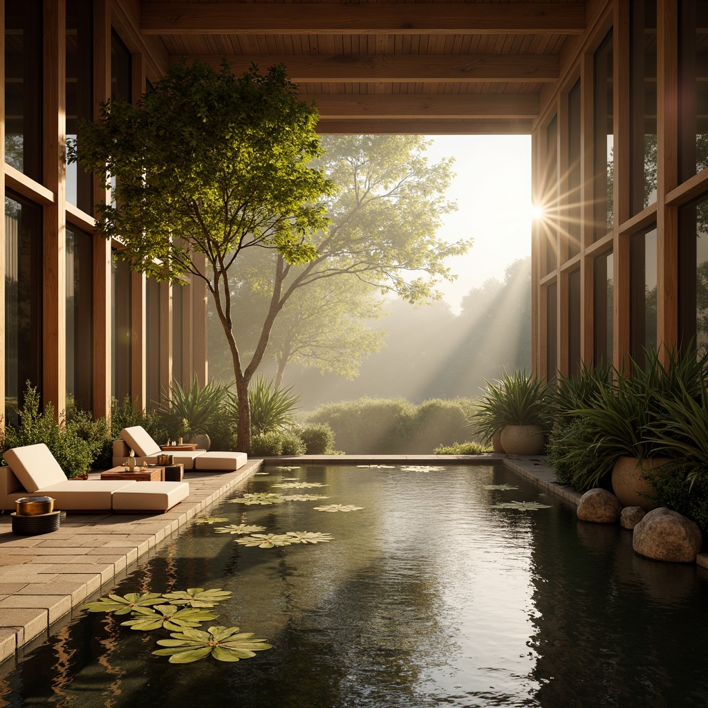 Prompt: Soft warm lighting, calming ambiance, serene natural surroundings, misty morning fog, gentle sunbeams, rustic wooden accents, earthy tones, meditation spaces, peaceful water features, lily ponds, bamboo forests, minimalist decor, candles, lanterns, soft fabrics, organic textures, natural stone walls, vaulted ceilings, grand windows, panoramic views, shallow depth of field, 1/1 composition, warm color palette.