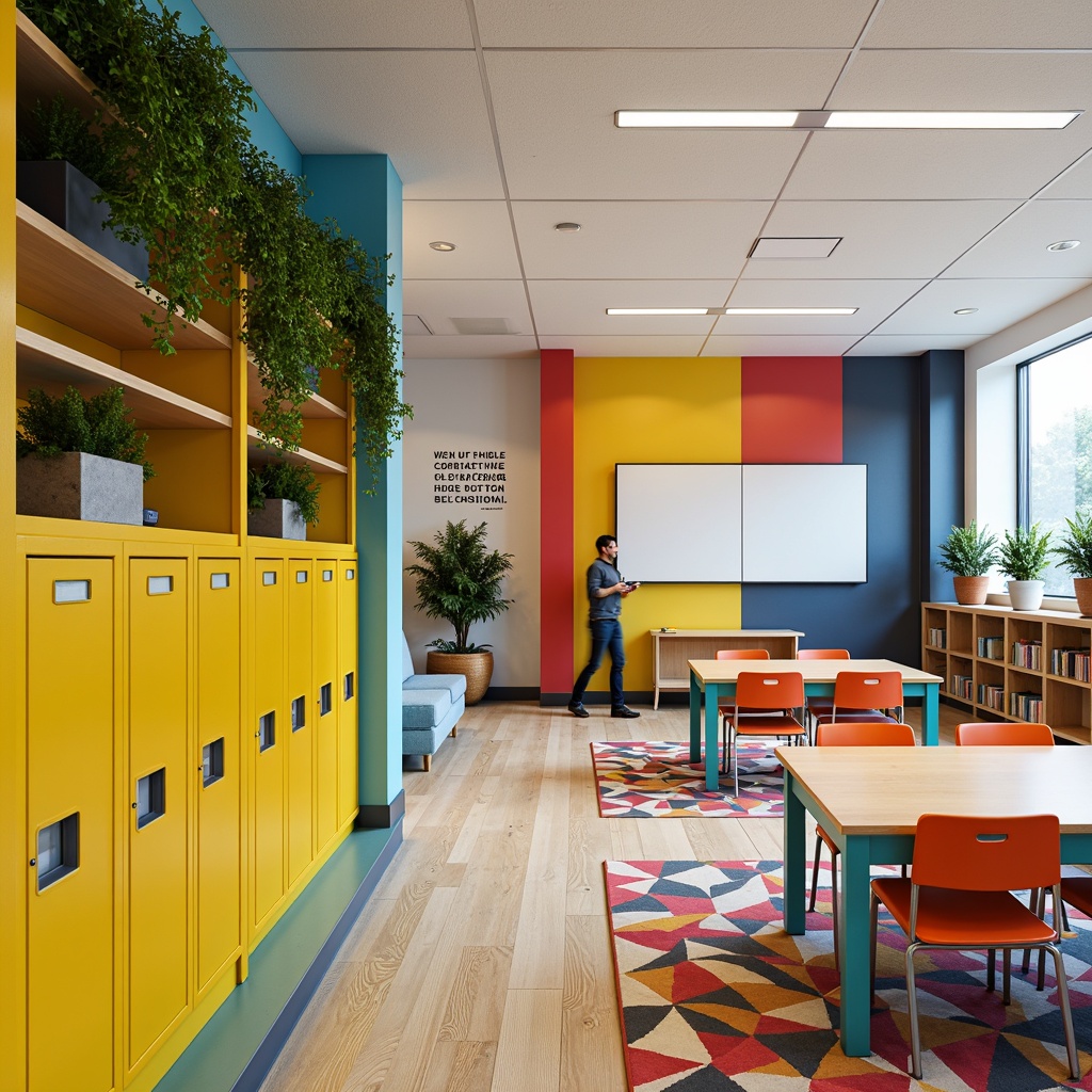 Prompt: Vibrant modern school interior, bold accent walls, bright yellow lockers, turquoise chair legs, greenery-filled planters, wooden tables, ergonomic chairs, minimalist shelving units, inspirational quotes, geometric patterned rugs, soft box lighting, natural wood flooring, acoustic ceiling panels, collaborative learning spaces, interactive whiteboards, 1/1 composition, shallow depth of field, realistic textures, ambient occlusion.