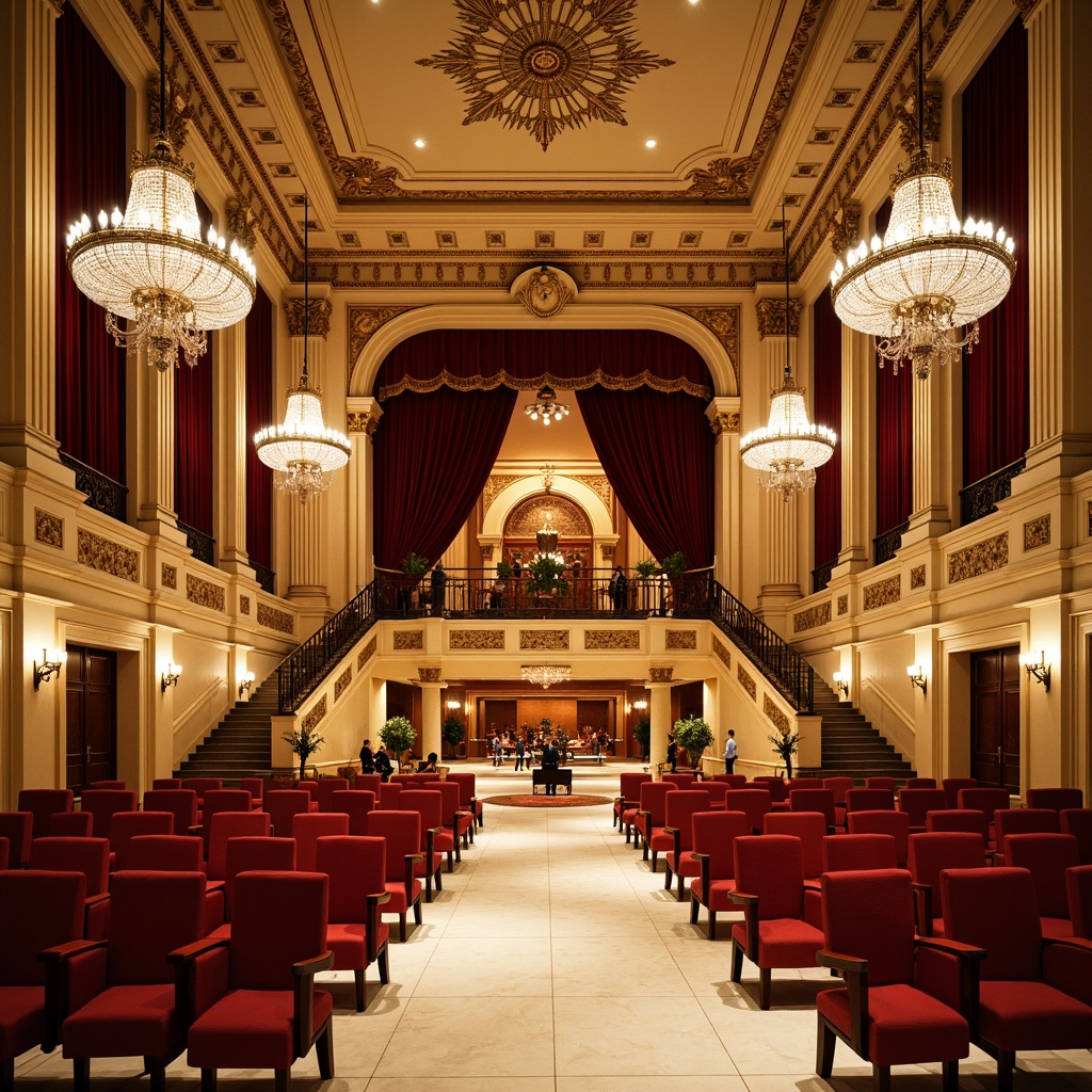 Prompt: Grand concert hall, ornate chandeliers, intricately carved wooden paneling, cream-colored marble floors, elegant staircases, richly upholstered red velvet seats, gilded moldings, crystal sconces, luxurious silk drapes, majestic columns, high ceilings, refined acoustic panels, sophisticated sound systems, warm golden lighting, shallow depth of field, 1/2 composition, realistic textures, ambient occlusion.