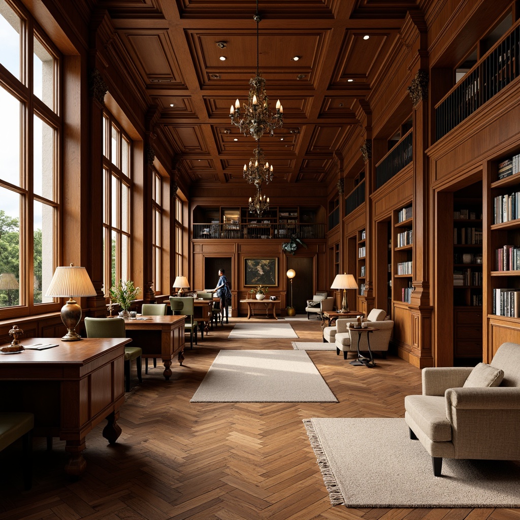 Prompt: Rich wooden flooring, dark stained oak, warm beige carpeting, classic herringbone pattern, soft plush rugs, subtle sheen finish, elegant atmosphere, traditional library setting, comfortable seating areas, wooden bookshelves, vintage lamp lighting, warm color palette, cozy reading nooks, quiet study spaces, ornate moldings, high ceilings, grand chandeliers, sophisticated decor, refined ambiance.