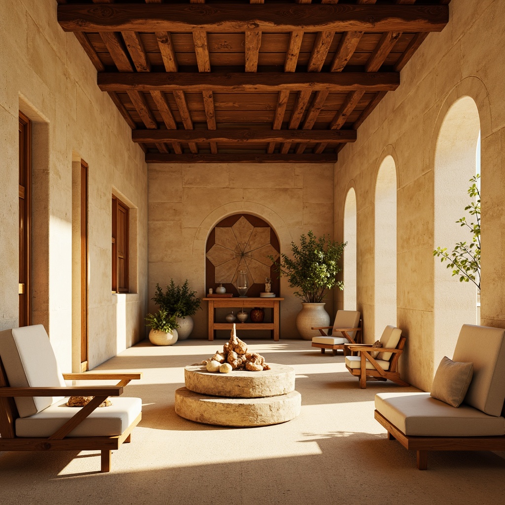 Prompt: Earthy monastery interior, warm beige stone walls, rich wood accents, soft golden lighting, rustic wooden furniture, natural fiber textiles, cream-colored ceramics, subtle geometric patterns, minimalist decor, calming atmosphere, serene ambiance, soft shadows, 1/1 composition, realistic materials, ambient occlusion.