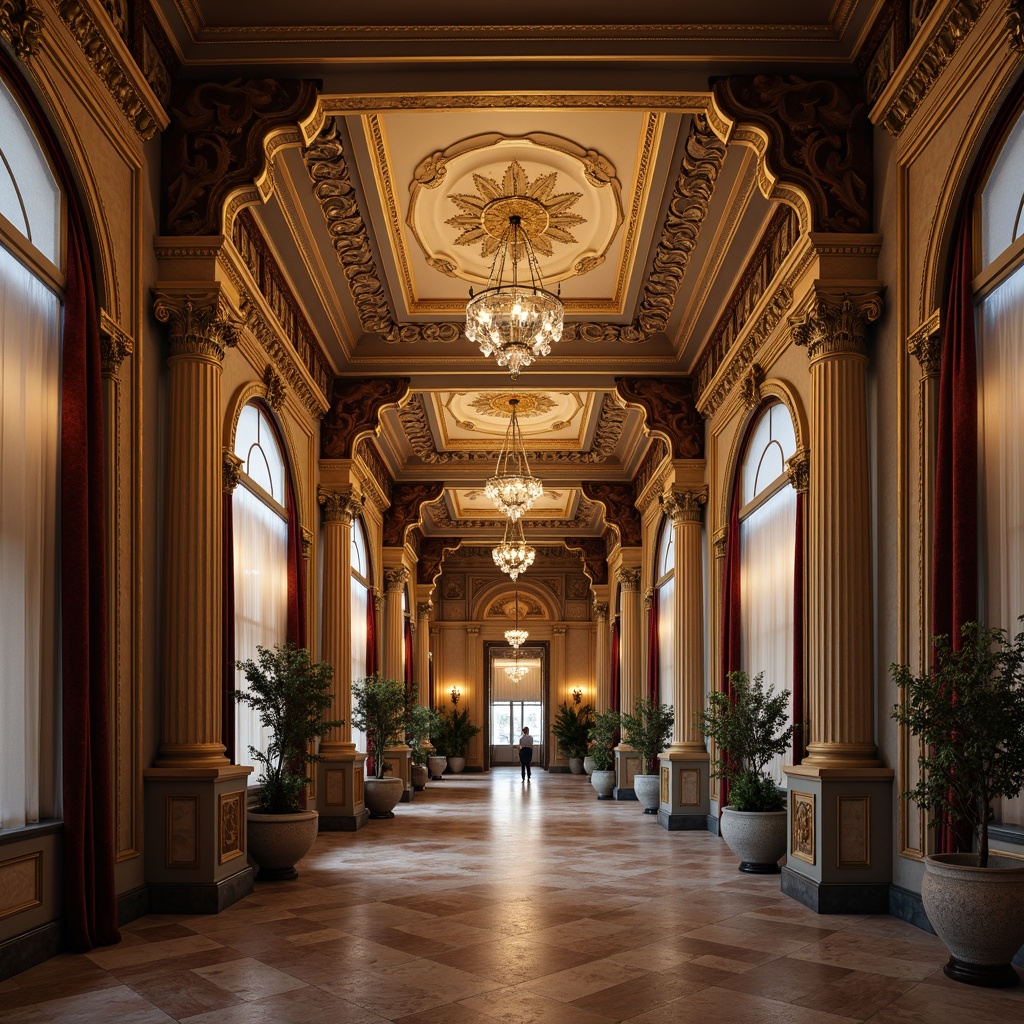 Prompt: Ornate moldings, intricate carvings, classicist architecture, grandiose facades, symmetrical compositions, ornamental decorations, luxurious materials, marble columns, gilded accents, velvet drapes, crystal chandeliers, soft warm lighting, subtle shading, high-contrast textures, realistic reflections, 1/2 composition, shallow depth of field, atmospheric perspective.