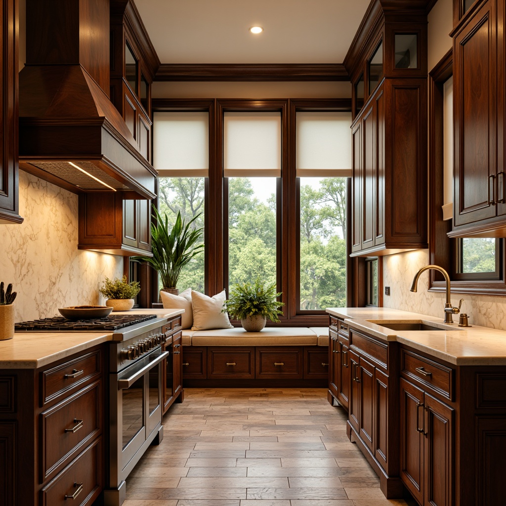 Prompt: Luxurious kitchen cabinetry, rich wood tones, ornate carvings, polished metal handles, soft-close drawers, ambient lighting, creamy marble countertops, warm beige backsplash, rustic wooden floors, cozy breakfast nook, lush greenery, natural stone walls, modern appliances, sleek faucet designs, subtle texture variations, 1/2 composition, shallow depth of field, warm golden lighting.