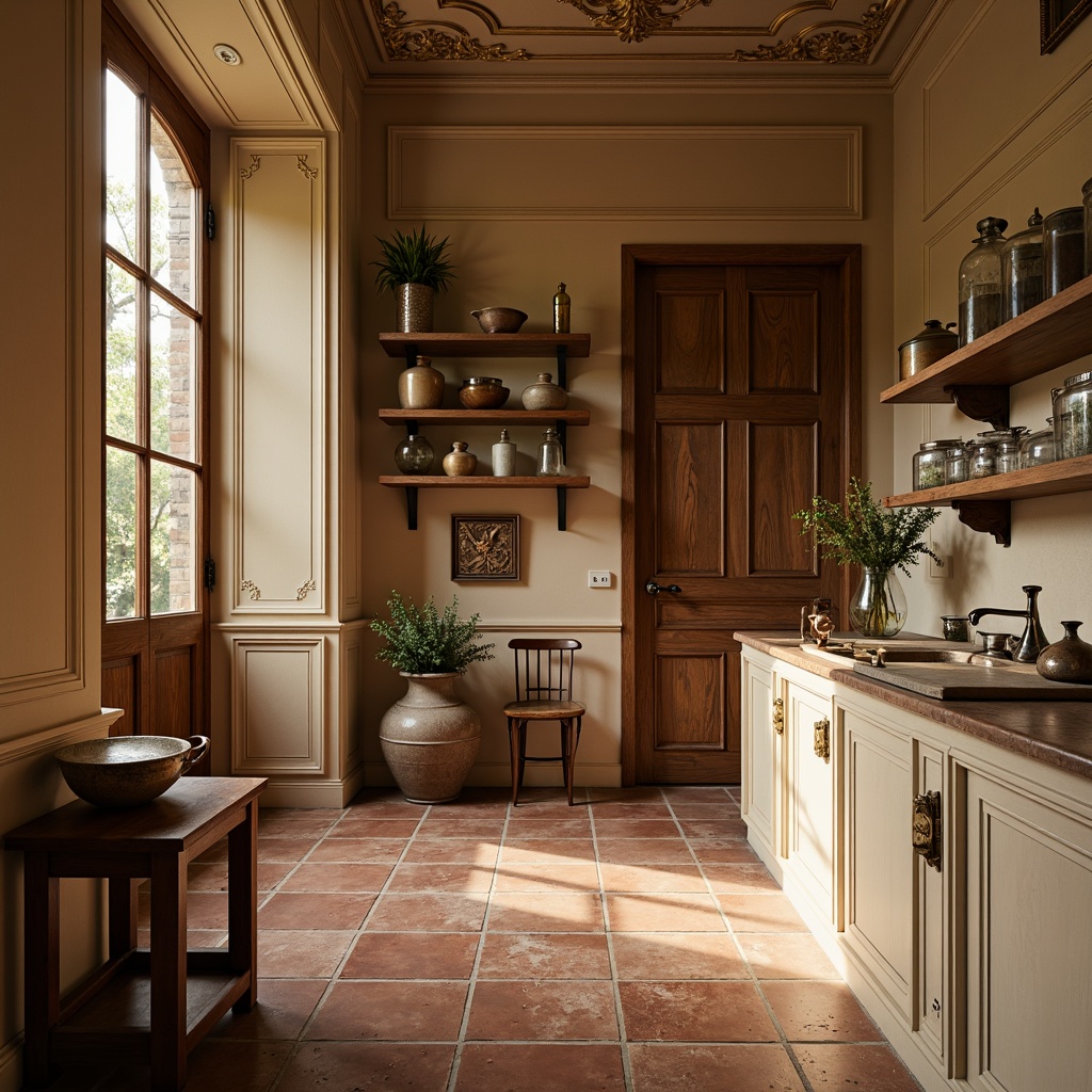 Prompt: Warm beige walls, rich wood tones, ornate golden accents, soft cream countertops, rustic terracotta flooring, distressed wooden shelves, vintage metal hardware, earthy ceramic jars, ambient warm lighting, shallow depth of field, 1/2 composition, realistic textures, subtle shadowing, Renaissance-inspired ornateness, classic elegant typography.