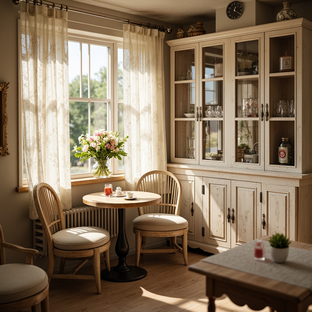 Prompt: Cozy breakfast nook, vintage distressed furniture, soft pastel colors, lace curtains, natural wood accents, floral patterns, ornate metal details, creamy whites, warm beige tones, rustic wooden tables, plush cushions, delicate china cabinets, antique decorative items, fresh flowers, morning sunlight, gentle warm lighting, shallow depth of field, 1/1 composition, intimate setting, realistic textures, ambient occlusion.