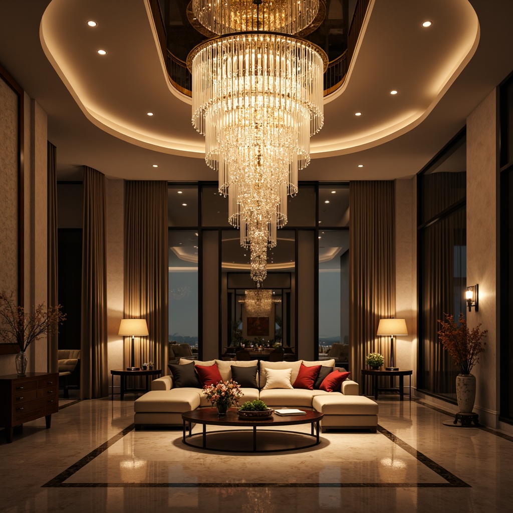 Prompt: Elegant chandelier, crystal drops, warm ambient glow, luxurious modern interior, high ceiling, marble flooring, lavish furnishings, ornate metalwork, soft diffused lighting, 1/1 composition, realistic reflections, shallow depth of field, cozy atmosphere, intimate setting, sophisticated decor, refined elegance, opulent ambiance.