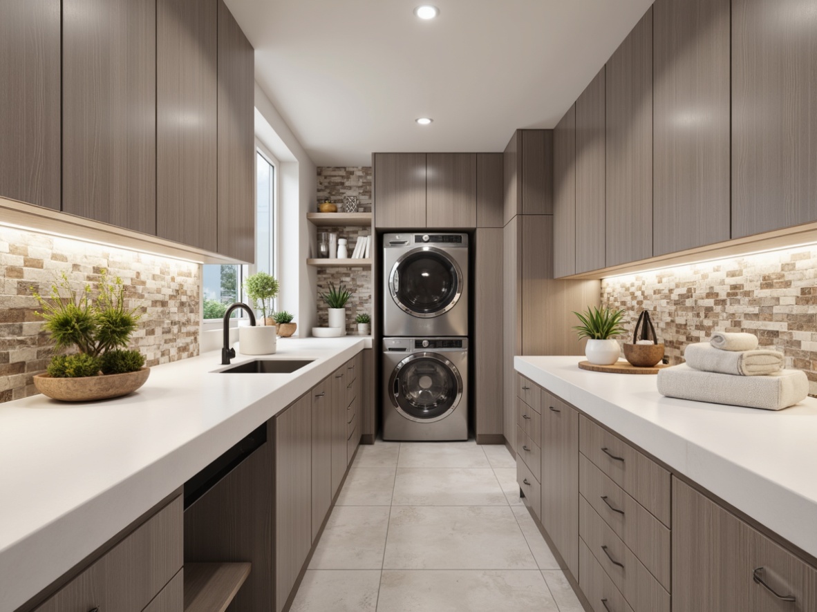 Prompt: Modern laundry room, sleek countertops, durable quartz surfaces, soft-close cabinets, stainless steel appliances, built-in washer and dryer, ample storage space, natural stone backsplash, LED lighting, minimalist decor, functional layout, 3/4 composition, realistic textures, ambient occlusion.