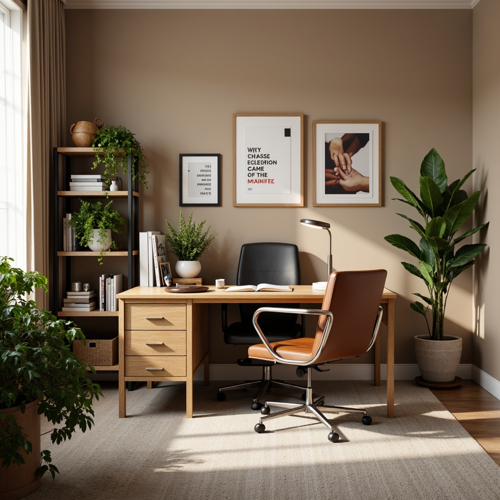 Prompt: Cozy home office, wooden desk, leather office chair, floor lamp, bookshelves, framed academic certificates, motivational quotes, green plants, calm color scheme, warm beige walls, comfortable carpet, minimal decor, natural light, soft window treatment, shallow depth of field, 1/1 composition, realistic textures, ambient occlusion.