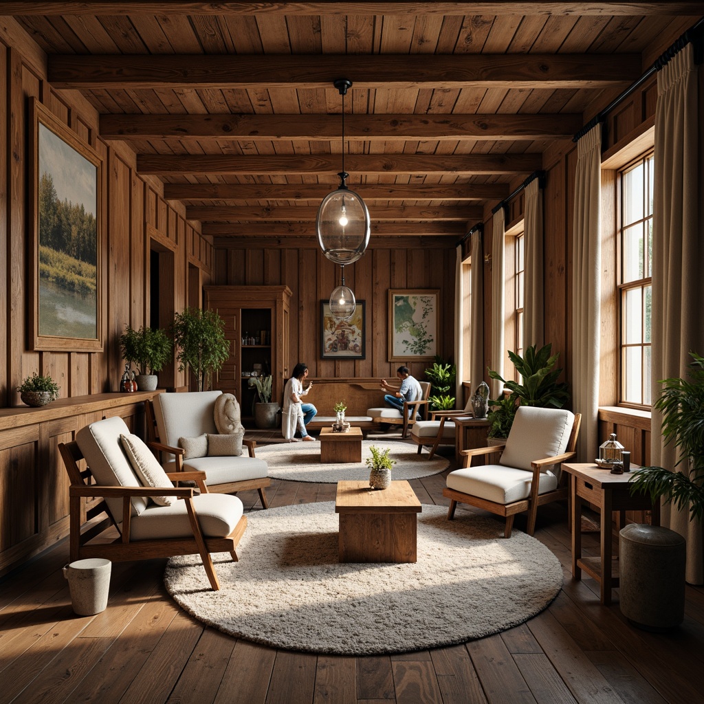 Prompt: Rustic hall interior, wooden accents, natural textures, earthy tones, vintage furniture pieces, distressed finishes, cozy atmosphere, plush area rugs, comfortable sofas, accent chairs, wooden coffee tables, metal pendant lamps, warm soft lighting, 1/1 composition, shallow depth of field, realistic wood grain textures, ambient occlusion.