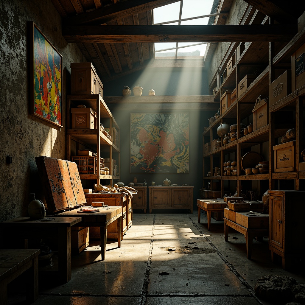 Prompt: Dimly lit storage room, distressed wooden crates, rusty metal shelves, worn stone walls, eclectic vintage items, abstract expressionist artwork, bold color accents, irregular spatial arrangement, dramatic lighting effects, deep shadows, atmospheric mist, warm golden tones, rough textured fabrics, ornate antique furniture, mysterious ambiance, cinematic composition, low-key lighting, 2.35