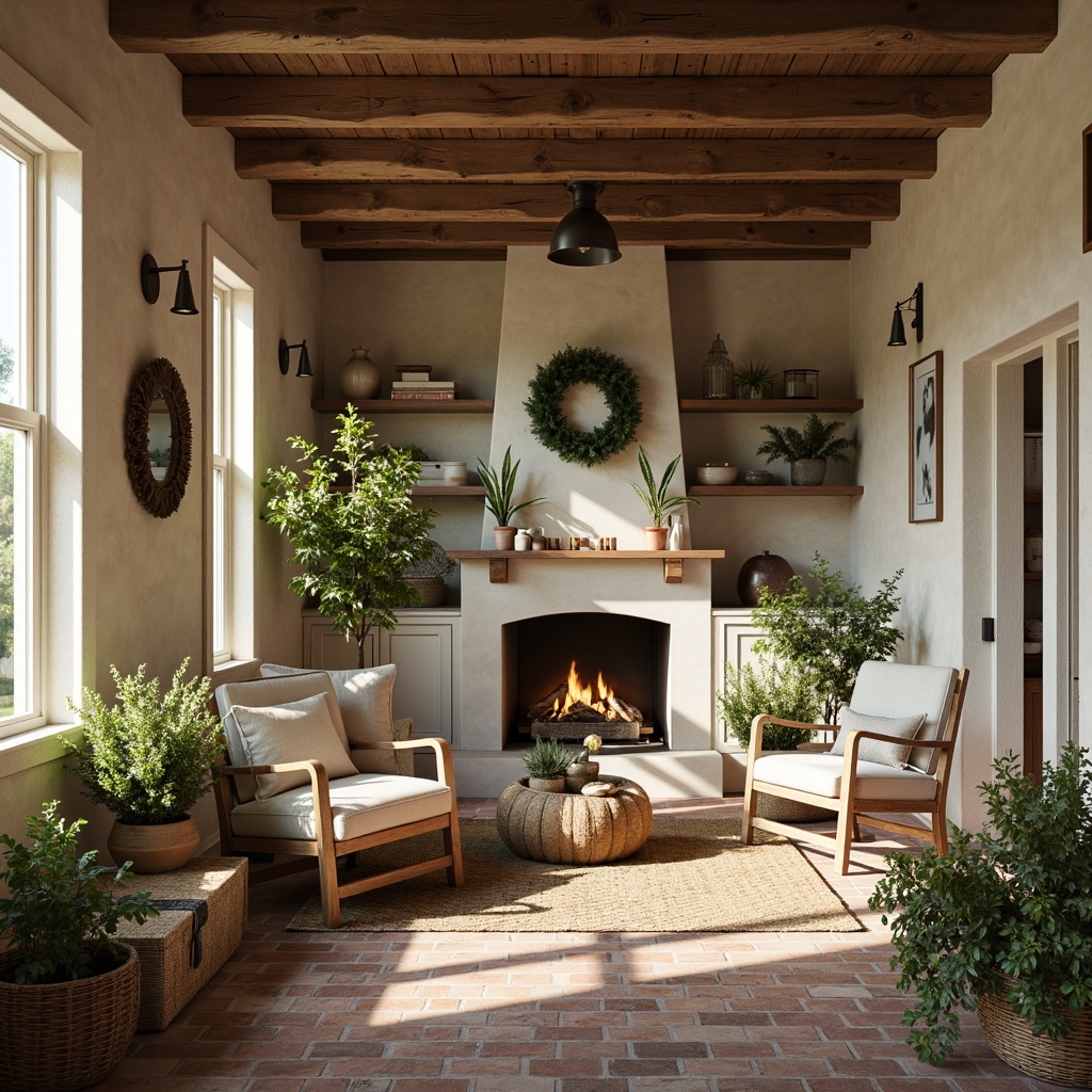 Prompt: Rustic farmhouse, earthy tones, warm beige walls, distressed wood accents, vintage metal decorations, soft sage greenery, creamy white trim, weathered brick floors, natural linen fabrics, woven baskets, antique furniture pieces, muted blue hues, warm golden lighting, cozy candlelit ambiance, shallow depth of field, 1/1 composition, realistic textures, ambient occlusion.