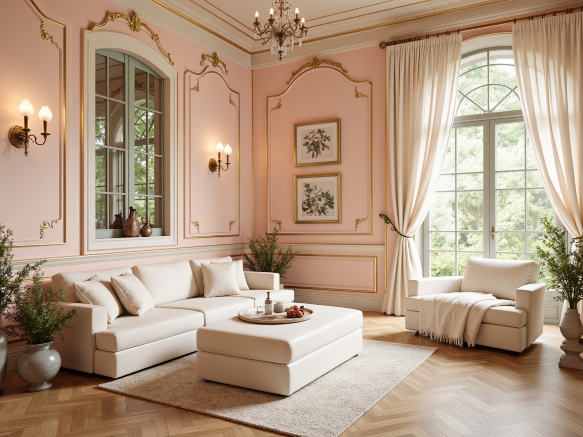 Prompt: Soft peach walls, creamy whites, pale gold accents, muted sage greens, blush pinks, ivory furniture, ornate metalwork, flowing curves, organic forms, botanical patterns, delicate florals, whisper-thin lines, warm beige carpets, velvety soft textures, romantic chandeliers, gentle warm lighting, shallow depth of field, 1/1 composition, dreamy atmosphere, whimsical details.