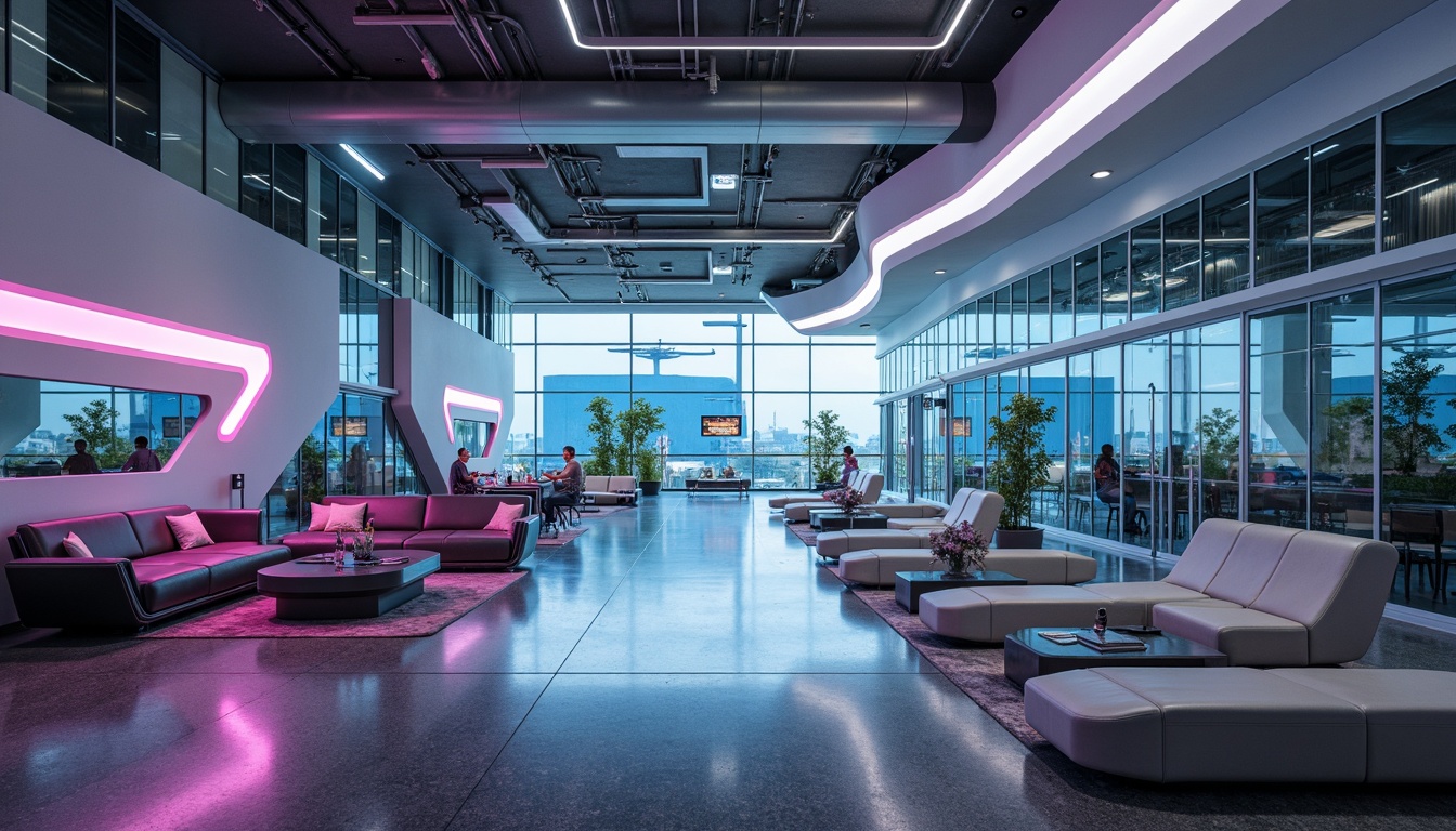 Prompt: Futuristic airport interior, sleek metallic surfaces, iridescent glass partitions, neon-lit LED strips, aerodynamic curves, minimalist furniture, high-tech gadgetry, holographic displays, virtual reality zones, space-age materials, recycled aluminum panels, carbon fiber accents, glossy epoxy resin floors, translucent polycarbonate walls, ambient LED lighting, 3/4 composition, shallow depth of field, panoramic view, realistic reflections, soft focus blur.