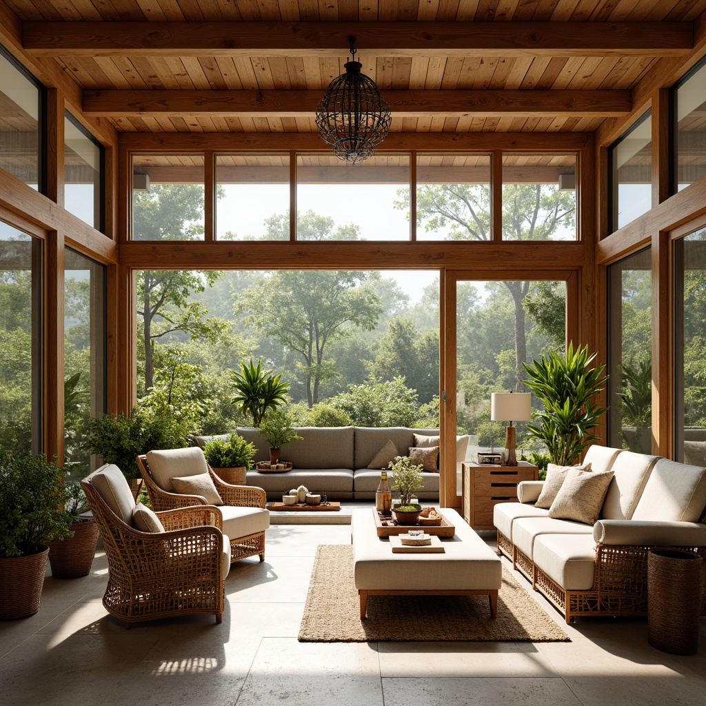 Prompt: Warm sunroom, mid-century modern style, large windows, sliding glass doors, natural stone flooring, wooden accents, woven wicker furniture, linen upholstery, vintage metal lighting, rattan decor, earthy color palette, organic textures, reclaimed wood ceiling, minimalist ornamentation, abundant greenery, potted plants, hanging botanicals, warm sunny day, soft diffused lighting, shallow depth of field, 3/4 composition, realistic materials, ambient occlusion.