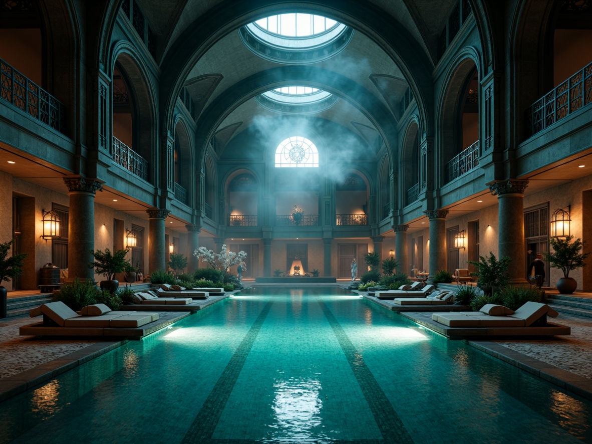 Prompt: Elegant gothic swimming pool, mysterious dark stone walls, ornate carvings, pointed arches, ribbed vaults, grandiose columns, lavish mosaics, shimmering turquoise water, luxurious velvet loungers, intricate metalwork railings, mystical lantern lighting, atmospheric fog effects, dramatic spotlights, symmetrical composition, high contrast ratios, rich textures, realistic reflections.