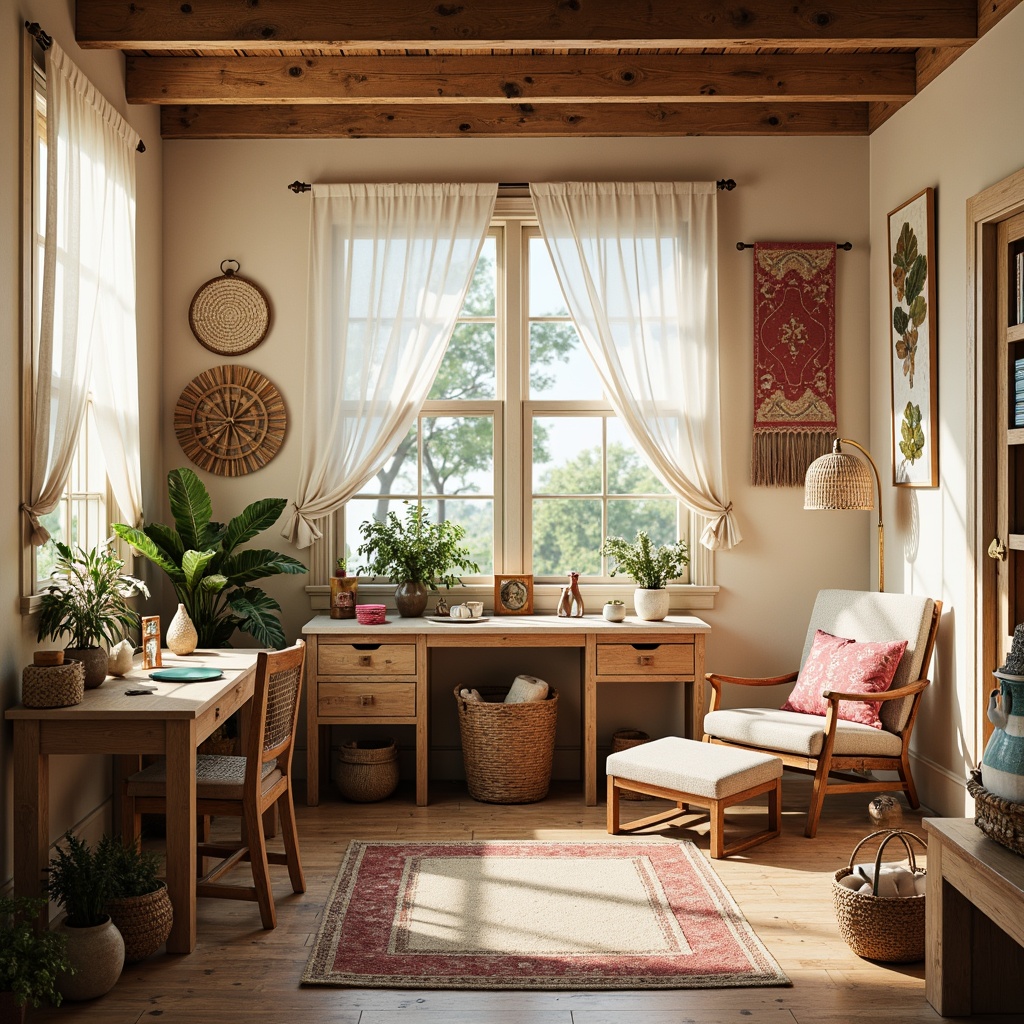 Prompt: Cozy craft room, warm beige walls, natural wood accents, soft pastel hues, creamy whites, rich turquoise tones, vibrant coral pinks, distressed wooden furniture, woven baskets, macrame textiles, eclectic decorative items, plenty of natural light, sheer curtains, warm task lighting, 1/2 composition, intimate atmosphere, realistic textures.