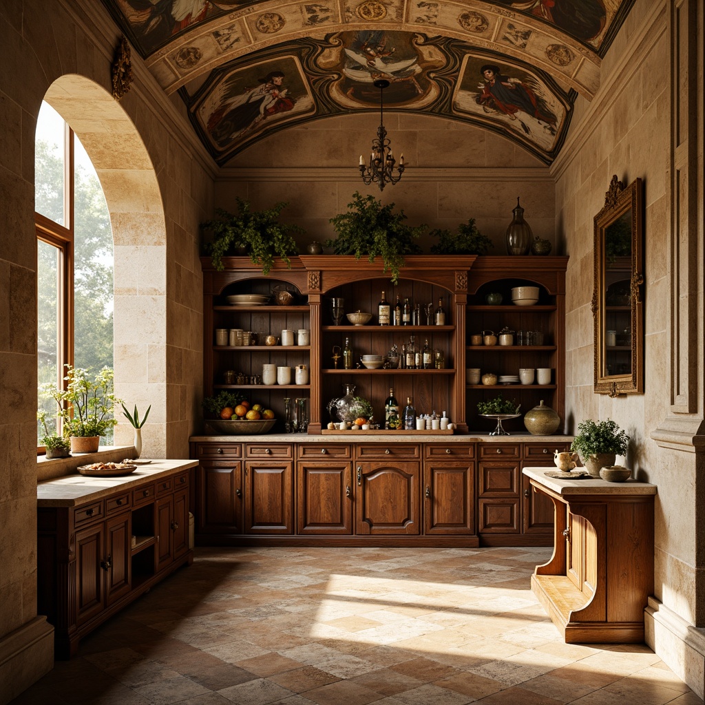 Prompt: Renaissance-style pantry, ornate wooden cabinetry, carved stone walls, distressed finishes, rustic charm, earthy tones, warm beige hues, soft golden lighting, subtle texture overlays, decorative frescoes, classic archways, elegant molding details, lavish ornamentation, rich wood accents, refined luxury atmosphere, shallow depth of field, 1/1 composition, realistic textures, ambient occlusion.