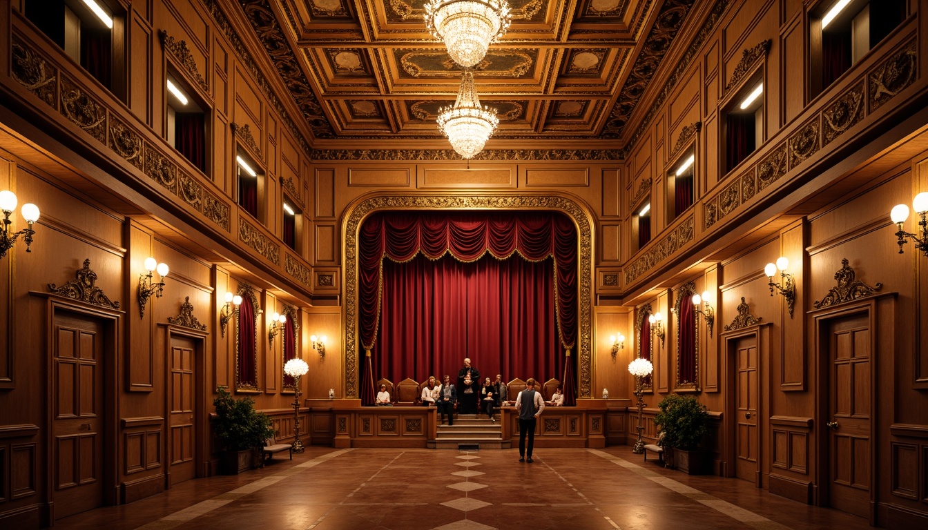 Prompt: Ornate auditorium, Renaissance revival style, rich wood paneling, intricately carved moldings, gilded details, luxurious velvet drapes, ornamental plaster ceilings, crystal chandeliers, polished marble floors, warm golden lighting, soft focus, shallow depth of field, 2/3 composition, symmetrical balance, realistic textures, ambient occlusion.