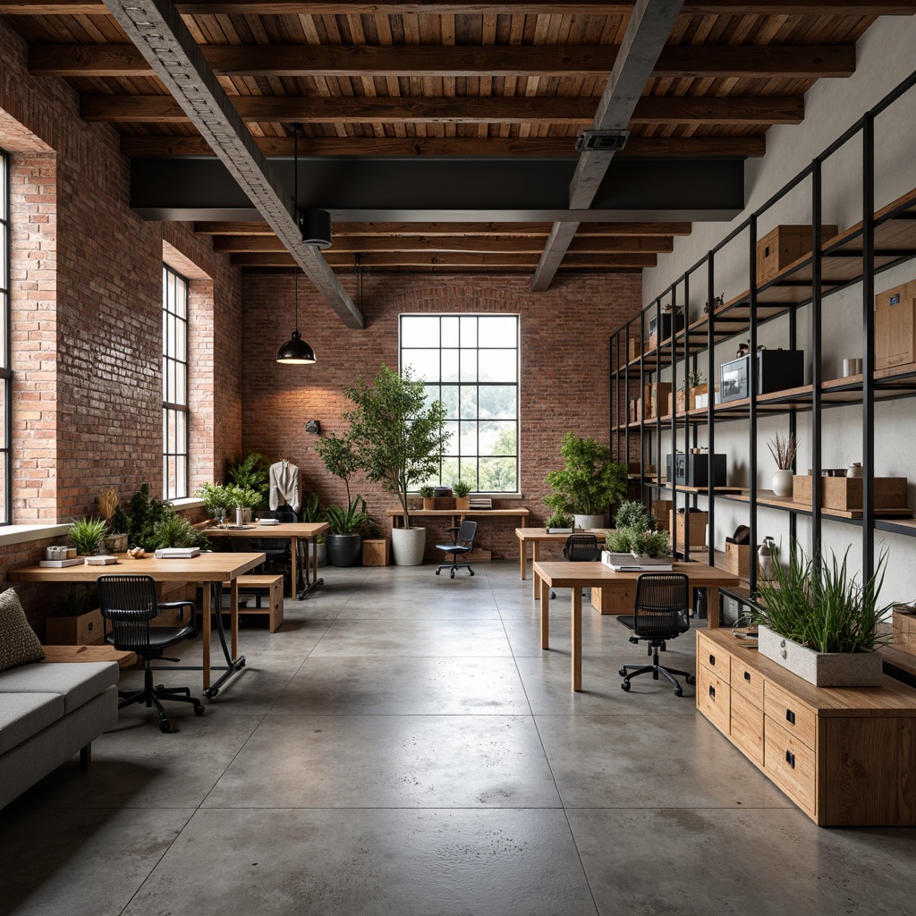 Prompt: Industrial-style warehouse, exposed brick walls, metal beams, polished concrete floors, reclaimed wood accents, functional modular furniture, ergonomic chairs, minimalist desks, metallic shelving units, adjustable lighting systems, industrial-chic decor, urban loft atmosphere, natural textiles, earthy color palette, warm ambient lighting, shallow depth of field, 1/2 composition, realistic materials, subtle ambient occlusion.