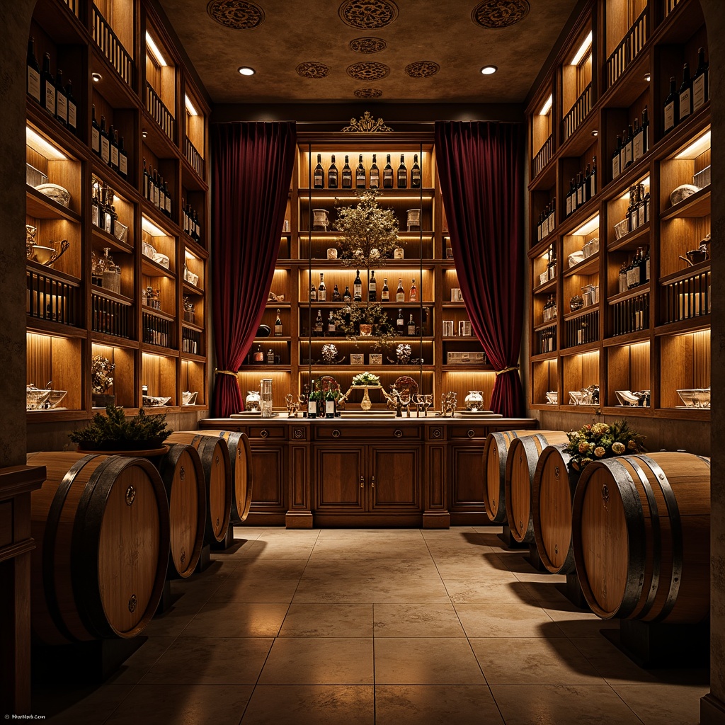 Prompt: Elegant wine cellar, rich wooden shelves, ornate metalwork, vintage wine barrels, dim warm lighting, rustic stone walls, refined glass cabinets, intricate carvings, lavish velvet drapes, antique furnishings, luxurious atmosphere, soft golden glow, shallow depth of field, 1/2 composition, intimate framing, realistic textures, ambient occlusion.