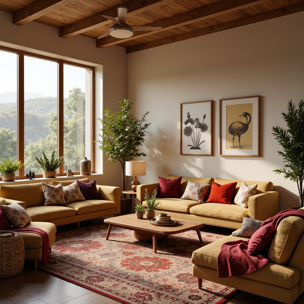 Prompt: Cozy living room, plush area rugs, soft velvety sofas, vibrant colorful throw pillows, patterned blankets, warm beige walls, large windows, natural light, wooden coffee tables, modern minimalist decor, ambient floor lamps, textured ceramics, woven baskets, faux fur accents, rustic wooden accents, nature-inspired artwork, calming atmosphere, shallow depth of field, 1/1 composition, realistic fabrics, soft box lighting.