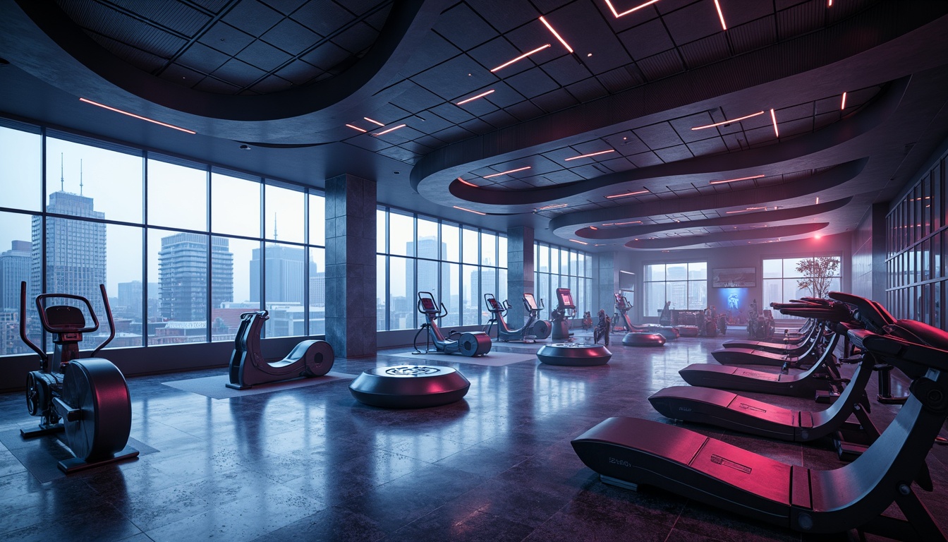 Prompt: Futuristic home gym, aerodynamic shapes, sleek metallic surfaces, neon-lit equipment, high-tech gadgets, minimalist interior design, curved lines, dynamic architecture, transparent glass walls, modern LED lighting, atmospheric fog effects, misty ambiance, industrial-chic flooring, state-of-the-art exercise machines, virtual fitness coaching, 360-degree mirrors, sound-absorbing acoustic panels, immersive audio systems, panoramic cityscape views, urban skyscraper backdrop, dramatic shading, cinematic composition.