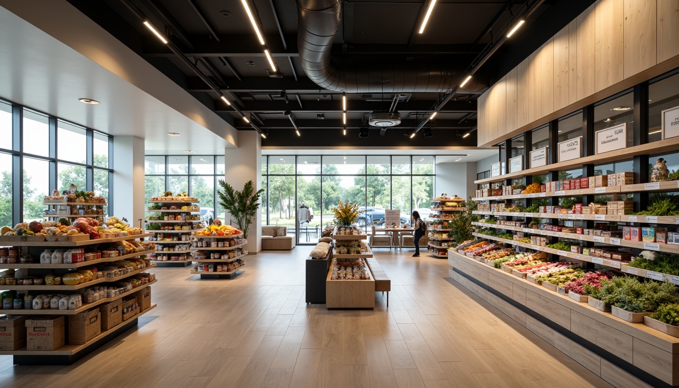 Prompt: Sleek modern grocery store, minimalist shelving units, polished chrome accents, neutral color palette, soft warm overhead lighting, recessed ceiling fixtures, LED strip lights, floor-to-ceiling windows, natural daylight, ambient occlusion, 1/1 composition, shallow depth of field, realistic textures, subtle reflections, modern signage, digital price tags, elegant product displays, wooden flooring, matte finishes, subtle branding elements, clean lines, open spaces, airy atmosphere.